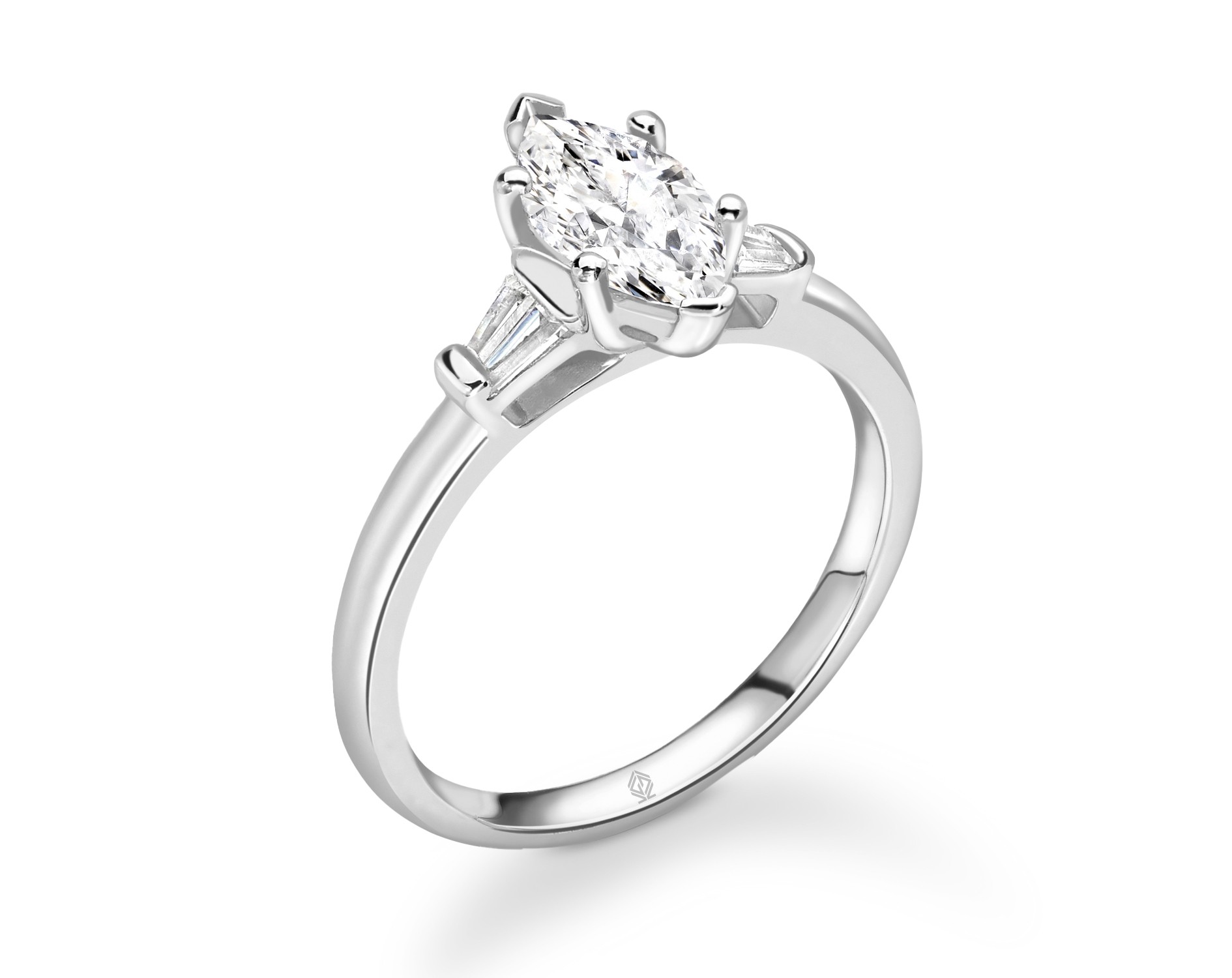 18K WHITE GOLD MARQUISE CUT DIAMOND ENGAGEMENT RING WITH BAGUETTES CUT SIDE STONES