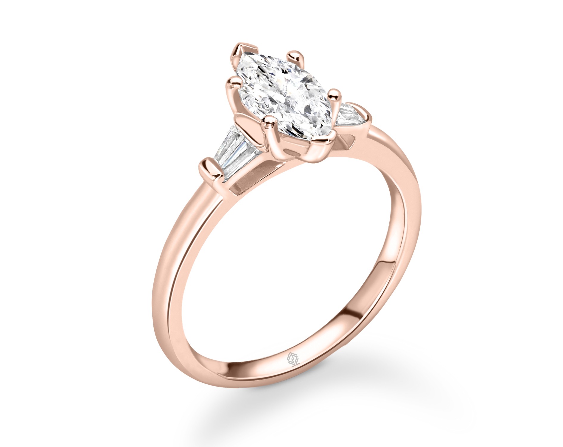 18K ROSE GOLD MARQUISE CUT DIAMOND ENGAGEMENT RING WITH BAGUETTES CUT SIDE STONES