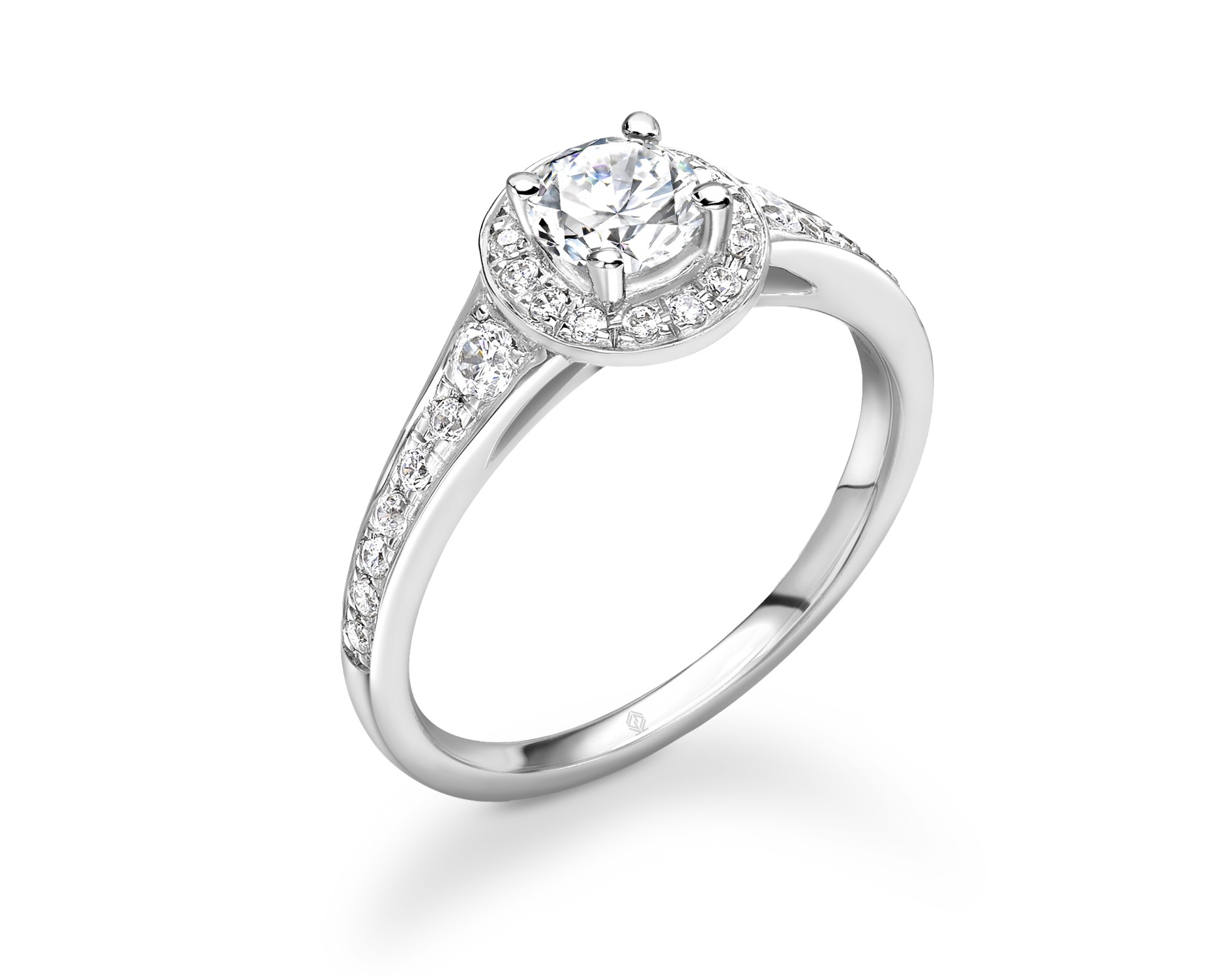 18K WHITE GOLD ROUND CUT HALO DIAMOND ENGAGEMENT RING WITH SIDE STONES CHANNEL SET