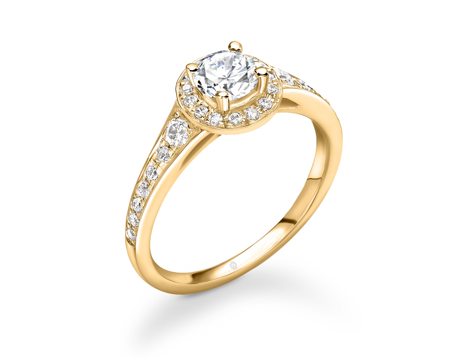 18K YELLOW GOLD ROUND CUT HALO DIAMOND ENGAGEMENT RING WITH SIDE STONES CHANNEL SET