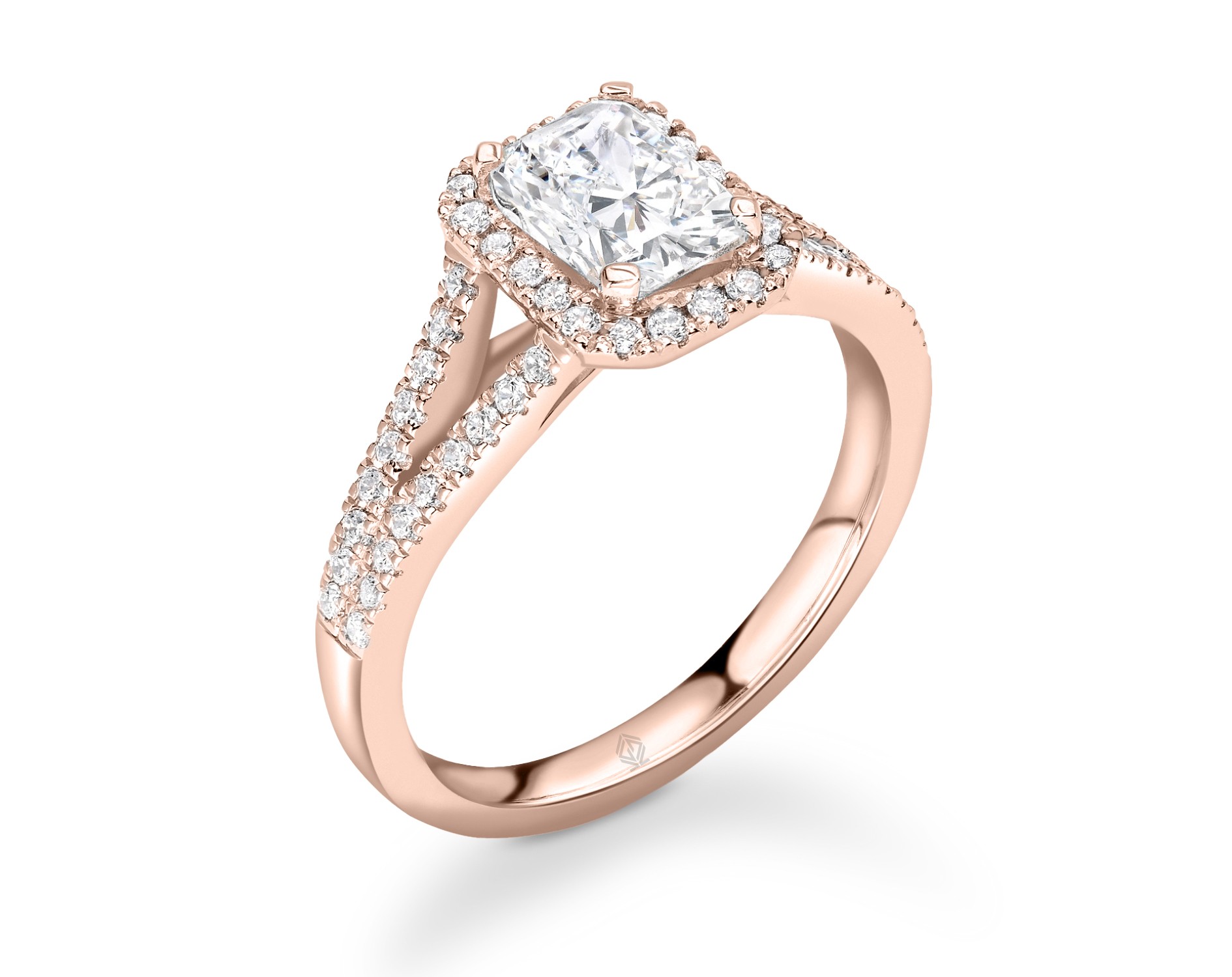 18K ROSE GOLD EMERALD CUT HALO DIAMOND ENGAGEMENT RING WITH SIDE STONES IN SPLIT SHANK PAVE SET