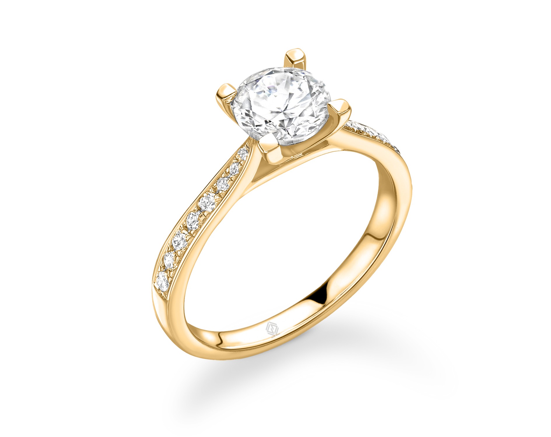 18K YELLOW GOLD ROUND CUT 4 PRONGS DIAMOND ENGAGEMENT RING WITH SIDE STONES CHANNEL SET