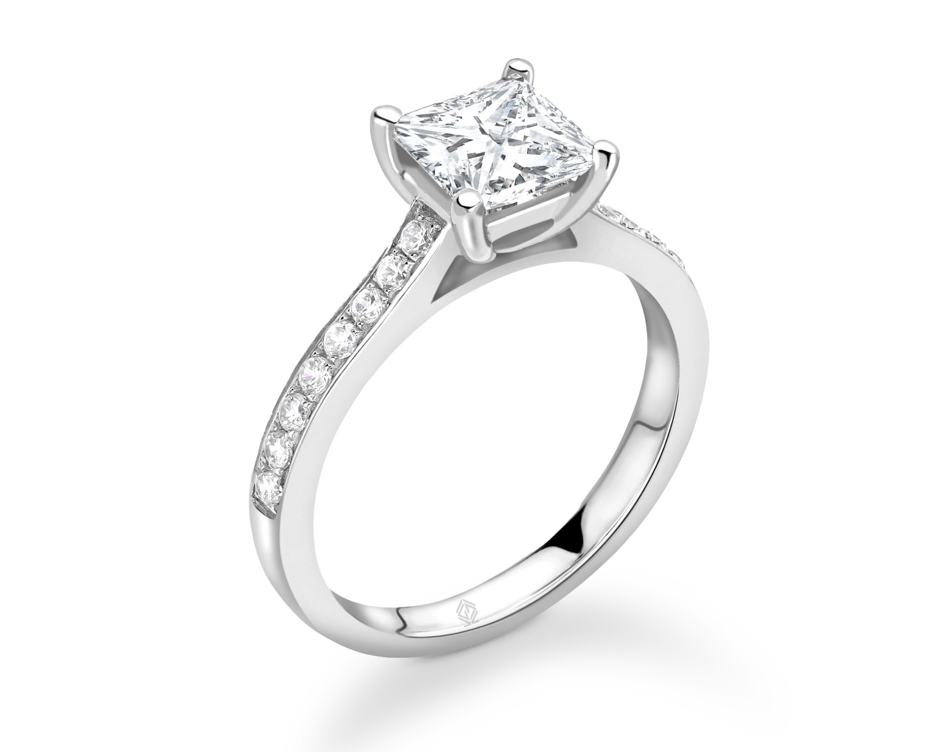 18K WHITE GOLD PRINCESS CUT 4 PRONGS DIAMOND ENGAGEMENT RING WITH SIDE STONES CHANNEL SET