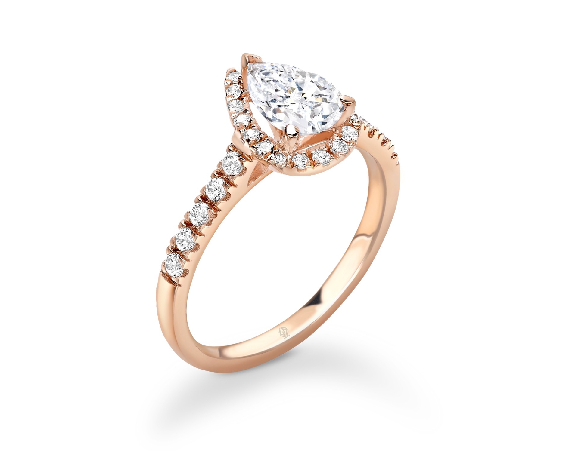 18K ROSE GOLD HALO PEAR CUT DIAMOND ENGAGEMENT RING WITH SIDE STONES PAVE SET