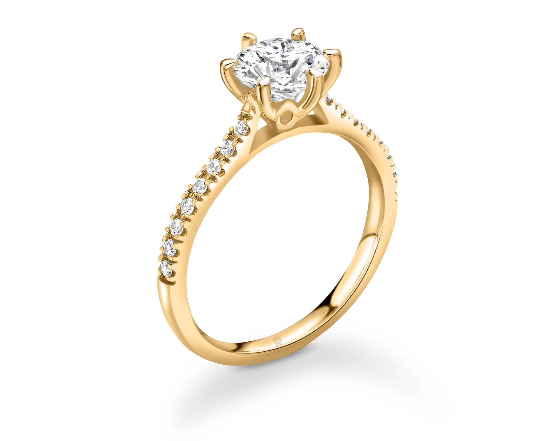 18K YELLOW GOLD ROUND CUT 6 PRONGS DIAMOND ENGAGEMENT RING WITH SIDE STONES PAVE SET