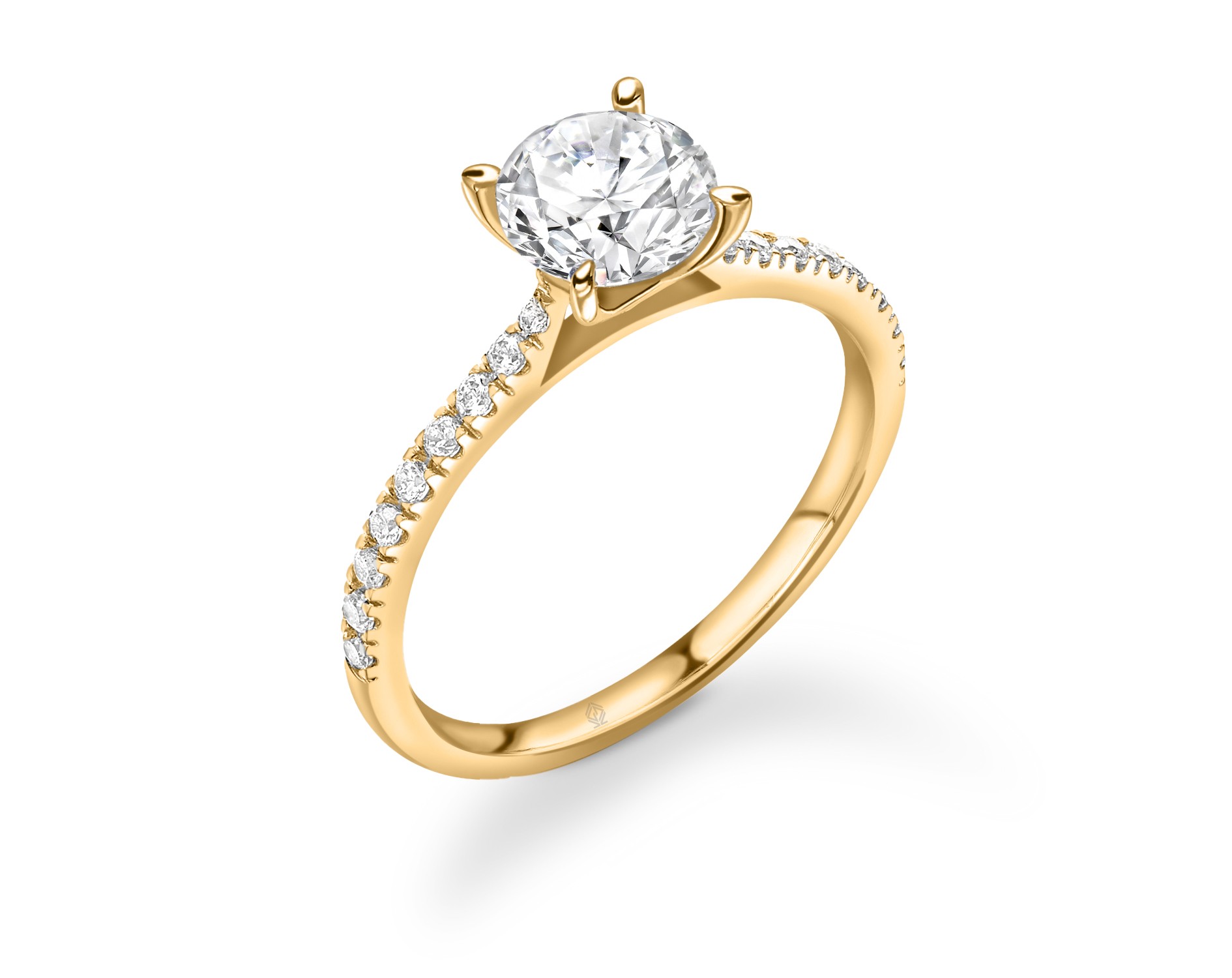 18K YELLOW GOLD ROUND CUT 4 PRONGS DIAMOND ENGAGEMENT RING WITH SIDE STONES PAVE SET